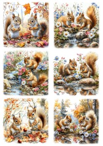 Papier ryżowy A4 Artando do decoupage - wiewiórki, kwiaty, liście, las, drzewa