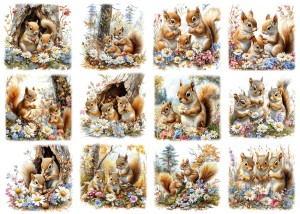Papier ryżowy A4 Artando do decoupage - wiewiórki, kwiaty, drzewa, las, łąka