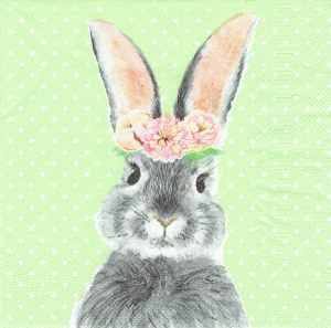 Serwetka decoupage 33x33 cm - Wielkanoc, zając, kwiaty, kropki