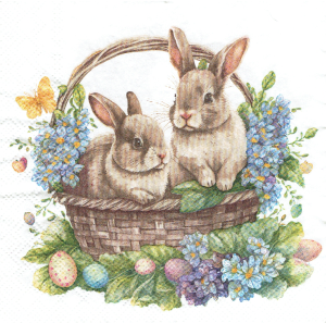 Serwetka decoupage mała 25x25cm - Wielkanoc, zające, koszyk, kwiaty