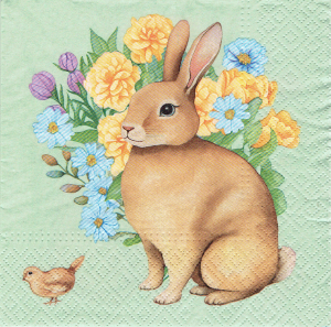 Serwetka decoupage 33x33 cm - Wielkanoc, zając, kwiaty, ptak