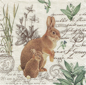 Serwetka decoupage 33x33 cm - zające, zajączki, rośliny, napisy, stemple