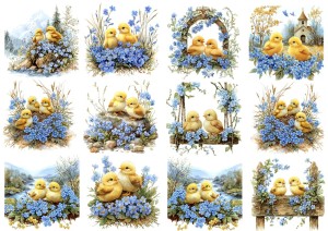 Papier klasyczny A4 do decoupage - Wielkanoc, kurczaki, kwiaty, niezapominajki