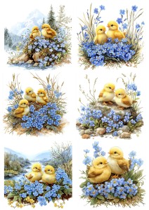 Papier klasyczny A4 do decoupage - Wielkanoc, kurczaki, kwiaty, niezapominajki 