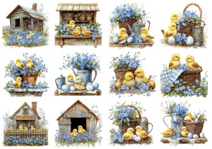 Papier klasyczny A4 do decoupage - Wielkanoc, kurczaki, koszyki, kwiaty, niezapominajki