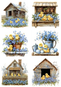 Papier klasyczny A4 do decoupage - Wielkanoc, kurczaki, kwiaty, niezapominajki