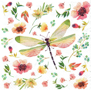 Serwetka decoupage 33x33 cm - ważka, owad, kwiaty, liście