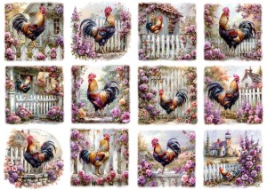 Papier klasyczny A4 do decoupage - Wielkanoc, koguty, kwiaty, płotek
