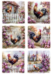 Papier klasyczny A4 do decoupage - Wielkanoc, koguty, kwiaty, płotek