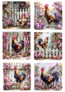 Papier klasyczny A4 do decoupage - Wielkanoc, koguty, kwiaty, płotek