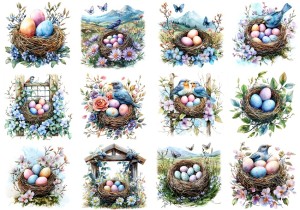 Papier klasyczny A4 do decoupage - Wielkanoc, gniazda, jajka, ptaki, kwiaty