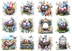 Papier klasyczny A4 do decoupage - Wielkanoc, gniazda, jajka, ptaki, kwiaty