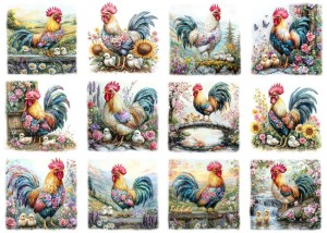 Papier klasyczny A4 do decoupage - Wielkanoc, koguty, kurczaki, kwiaty