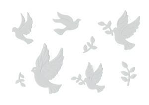 Scrapki papierowe białe perłowe Gołębie, liście - 1 zestaw