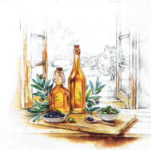 Serwetka decoupage 33x33 cm - oliwa, oliwki, butelki, okno