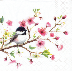 Serwetka decoupage 33x33 cm - ptak, ptaszek, gałązka, kwiaty