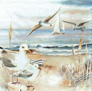 Serwetka decoupage 33x33 cm - morze, statek, plaża, mewy