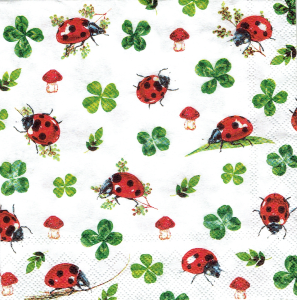 Serwetka decoupage mała 25x25cm - biedronki, koniczyna, grzyby