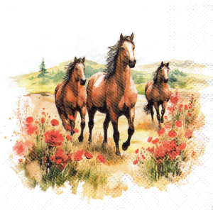 Serwetka decoupage mała 25x25cm - konie, koniki, kwiaty, maki