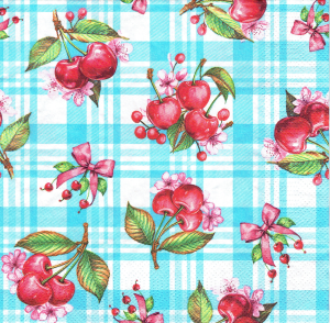 Serwetka decoupage 33x33 cm - wiśnie, kwiaty, owoce, kratka