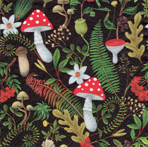 Serwetka decoupage 33x33 cm - grzyby, grzybki, muchomory, trawy, paprocie