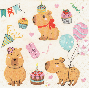 Serwetka decoupage 33x33 cm - kapibary, tort, balony, urodziny