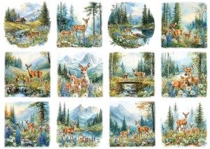 Papier ryżowy A4 Artando do decoupage - sarny, widok, las, góry, kwiaty