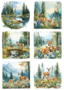Papier ryżowy A4 Artando do decoupage - sarny, widok, las, góry, kwiaty