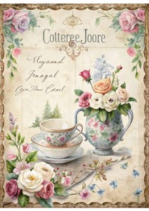 Papier ryżowy A4 Artando do decoupage - kwiaty, róże, filiżanka,  napisy,  Vintage