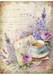 Papier ryżowy A4 Artando do decoupage - kwiaty, filiżanka, napisy,  Vintage