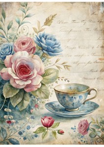 Papier ryżowy A4 Artando do decoupage - kwiaty, róże, filiżanka, napisy,  Vintage