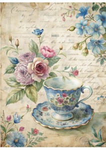 Papier ryżowy A4 Artando do decoupage - kwiaty, róże, filiżanka, napisy,  Vintage