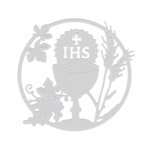 Scrapki papierowe białe perłowe IHS, Komunia, Hostia, kielich - 5 sztuk