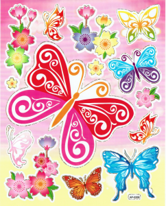 Naklejki foliowe płaskie 20x25cm arkusz - motyle, motylki, kwiaty