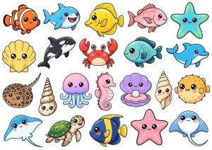 Naklejki, stickersy papierowe 22 sztuki - ryby, zwierzęta, muszle morskie