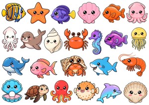 Naklejki, stickersy papierowe 24 sztuki - ryby, zwierzęta, muszle morskie