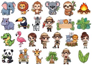 Naklejki, stickersy papierowe 25 sztuk - zwierzęta, ptaki, podróżnicy, safari