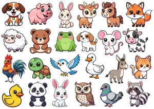 Naklejki, stickersy papierowe 24 sztuki - zwierzęta, ptaki, domowe i leśne