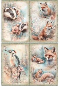 Papier ryżowy A4 Artando do decoupage - zwierzęta, lisy, borsuki, ptak, dzięcioł, kwiaty, napisy