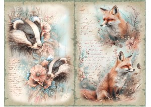 Papier ryżowy A4 Artando do decoupage - zwierzęta, lisy, borsuki, kwiaty, napisy 