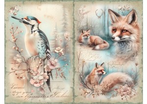 Papier ryżowy A4 Artando do decoupage - zwierzęta, lisy, dzięcioł, kwiaty, napisy
