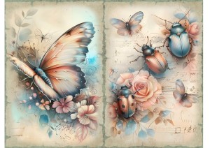 Papier ryżowy A4 Artando do decoupage - owady, motyle, żuki, kwiaty, nuty
