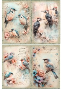 Papier ryżowy A4 Artando do decoupage - ptaki, dzięcioły, kwiaty, napisy, nuty