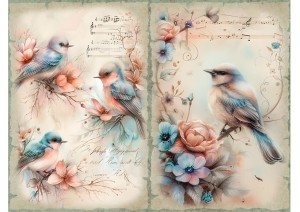 Papier ryżowy A4 Artando do decoupage - ptaki, kwiaty, napisy, nuty