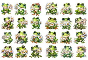 Naklejki, stickersy papierowe 24 sztuki - żaby, żabki, kwiaty, stokrotki