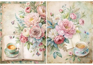 Papier ryżowy A4 Artando do decoupage - kwiaty, filiżanki, zeszyt, Vintage