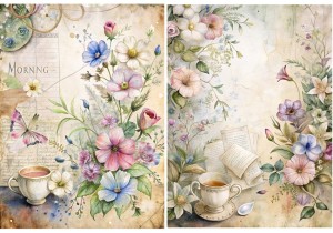 Papier ryżowy A4 Artando do decoupage - kwiaty, filiżanki, zeszyt, Vintage