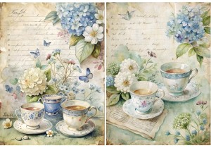 Papier ryżowy A4 Artando do decoupage - kwiaty, filiżanki,  zeszyt, napisy, Vintage