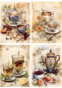 Papier ryżowy A4 Artando do decoupage - filiżanki, imbryki, owoce, napisy