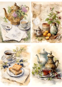 Papier ryżowy A4 Artando do decoupage - filiżanki, imbryki, owoce, napisy, kwiaty